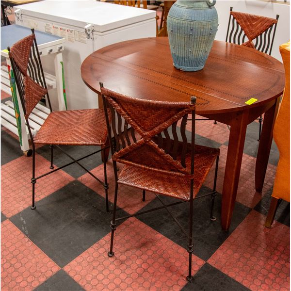 WOOD DROP LEAF TABLE W/ 3 WICKER / RATAN  & CAST