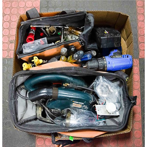 LARGE BOX WITH 2 RIDGID CANVAS TOOL BAGS FULL