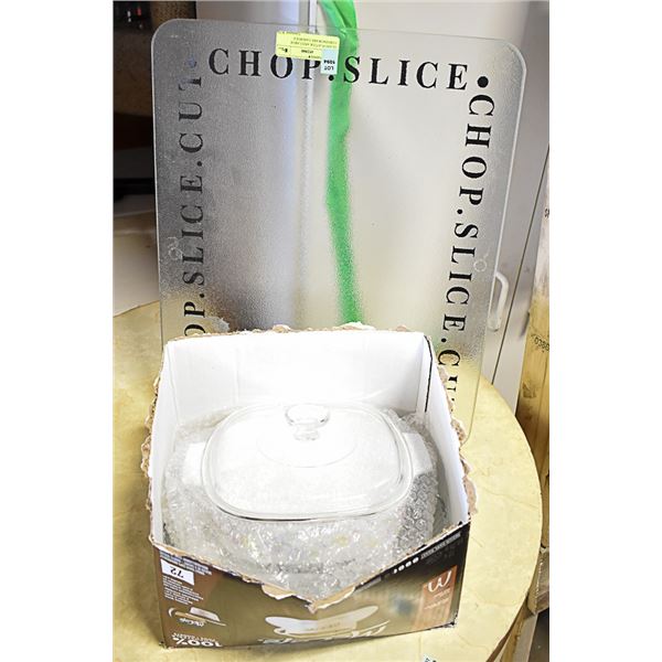 GLASS PLATTER AND LARGE CORNINGWARE CASEROLE