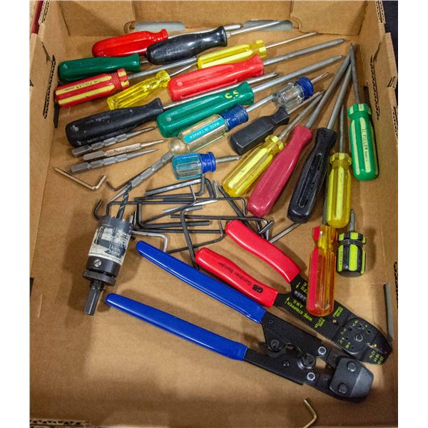 FLAT OF ASORTED SCREWDRIVERS, ALLEN KEYS, AND