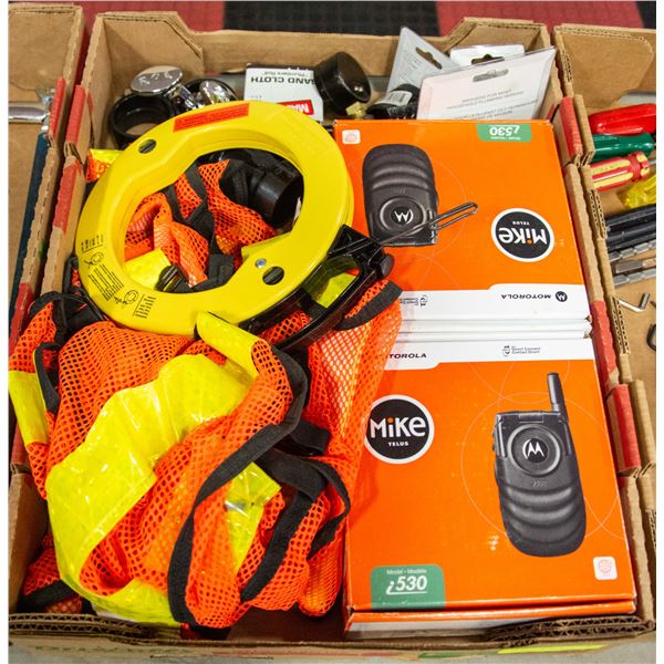 FLAT OF ASSORTED TOOLS INCLUDING 2 SAFETY VESTS,