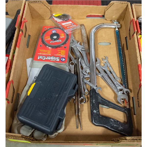 FLAT OF ASSORTED WRENCHES, HACK SAW AND