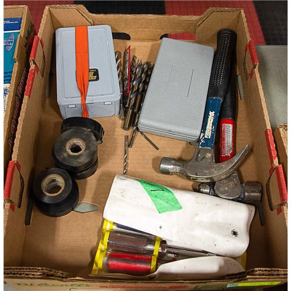 FLAT OF ASSORTED TOOLS INCLUDING 2 HAMMMERS,