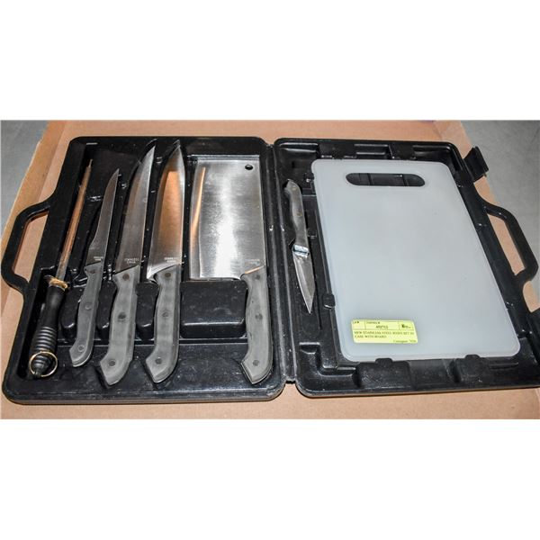 NEW STAINLESS STEEL KNIFE SET IN CASE WITH BOARD