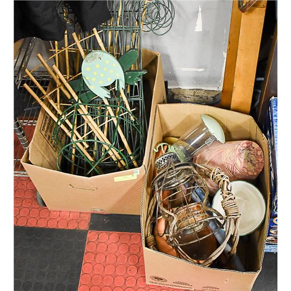 2 BOXES OF GARDEN ITEMS INCLUDING PLANT TRELLIS,