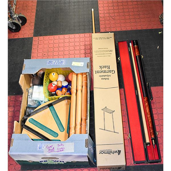 POOL TABLE ACCESSORIES INCLUDES CUES, BALLS, TABLE