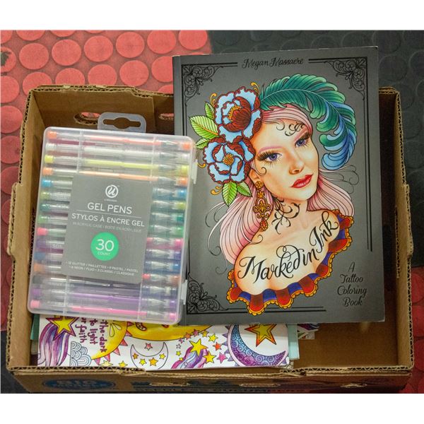 BOX WITH 8 ADULT COLOURING BOOKS WITH SET OF