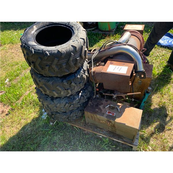Pallet - ATV tires, propane heater,