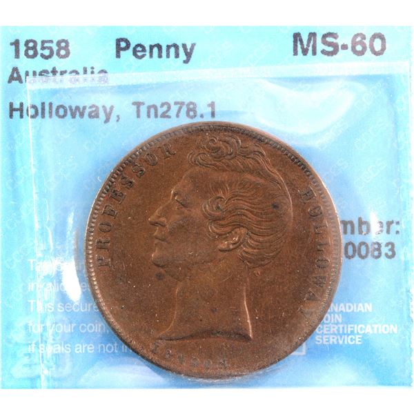 Australia 1858 Penny featuring Professor Holloway, Reverse: Holloways Pills and Ointment. CCCS Certi