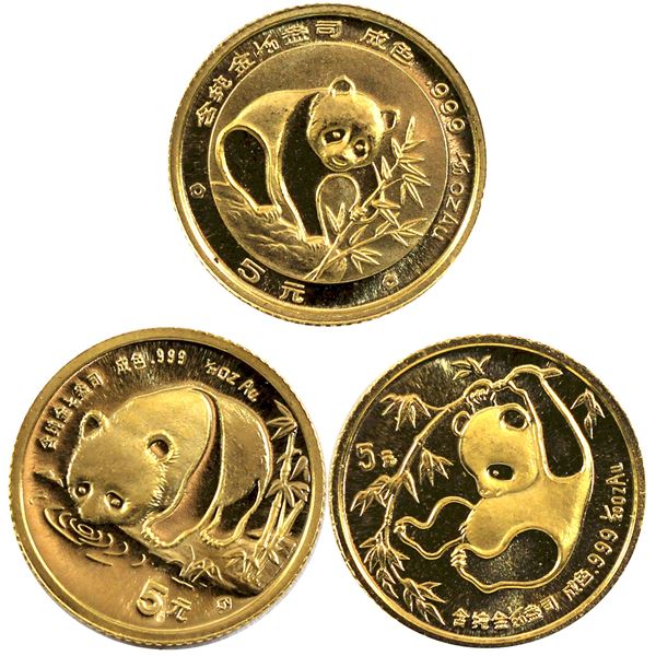 China, Lot of  3x Early Pure Gold 5 Yuan 1/20th Panda's. Lot includes a 1986, 1987, & 1988. (Tax Exe