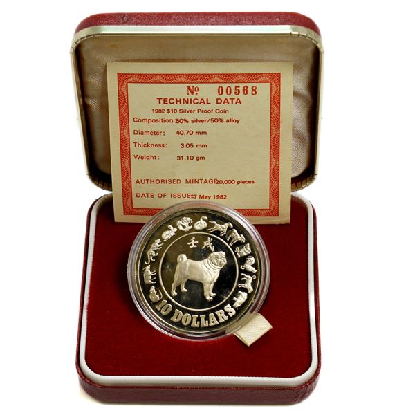 Singapore 1982 $10 Proof Silver  Year of the Dog. Coin is 50% Silver and weighs 31.1g, Limited Minta