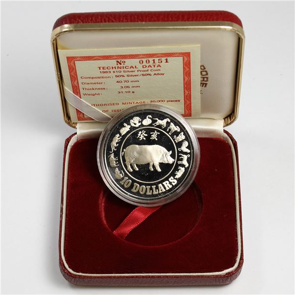 Singapore 1983 $10 Proof Silver  Year of the Pig. Coin is 50% Silver and weighs 31.1g, Limited Minta