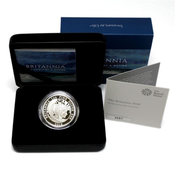 UK- Royal Mint Issue: 2018 United Kingdom 1oz Proof Fine Silver Britannia. Mintage of 7150 with only