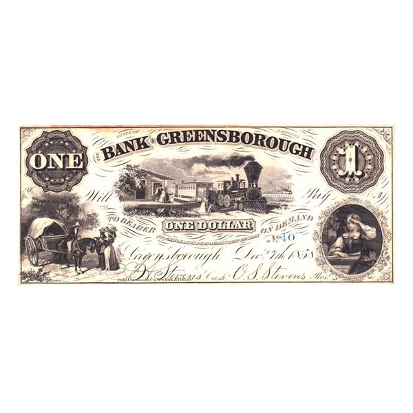 United State 1858 Bank of Greensborough $1, S/N: 40-A. Note is an attractive Mint state example.