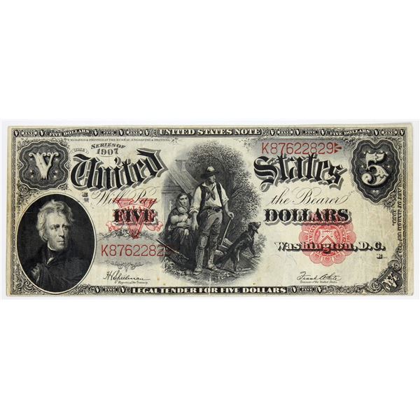 United States 1907 $5, Large Size, Speelman-White S/N: K87622829-E. A VF Quality Note with great eye