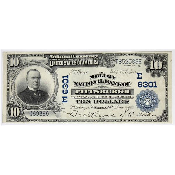 United states 1902 Melon National Bank of Pittsburgh $10 (FR#624). Lewis-Mellon S/N: 460366.  Blue O