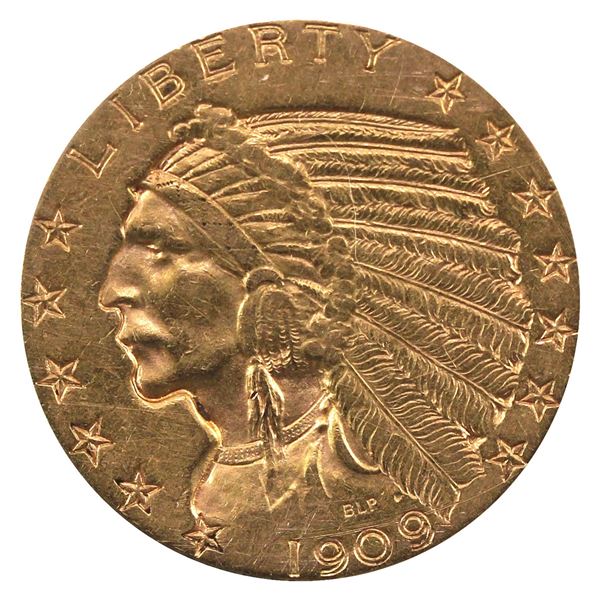 United States 1909-D $5 Gold Indian Head Half Eagle in VF-EF condition. (coin is .900 Pure and conta