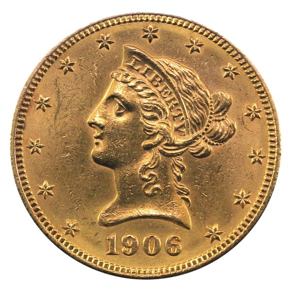 United States 1906-D $10 Gold Liberty Head Eagle in UNC+  condition. (Very minor hairlines) (coin is