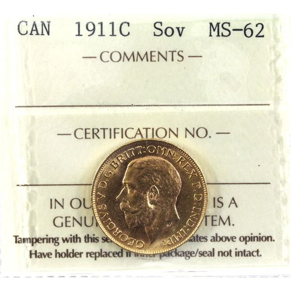 1911-C Canada Gold Sovereign ICCS Certified MS-62!  Coin is 22K and contains 0.2354 oz.