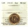 Image 1 : 1911-C Canada Gold Sovereign ICCS Certified MS-62!  Coin is 22K and contains 0.2354 oz.