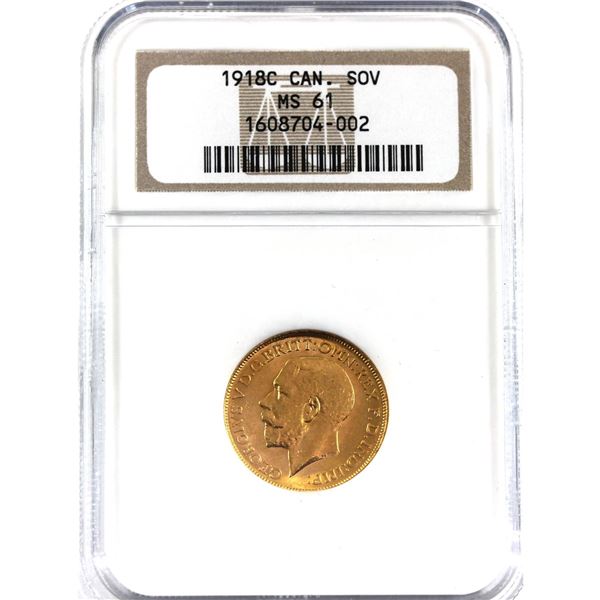 1918-C Canada Gold Sovereign NGC Certified MS-61!  Coin is 22K and contains 0.2354 oz.