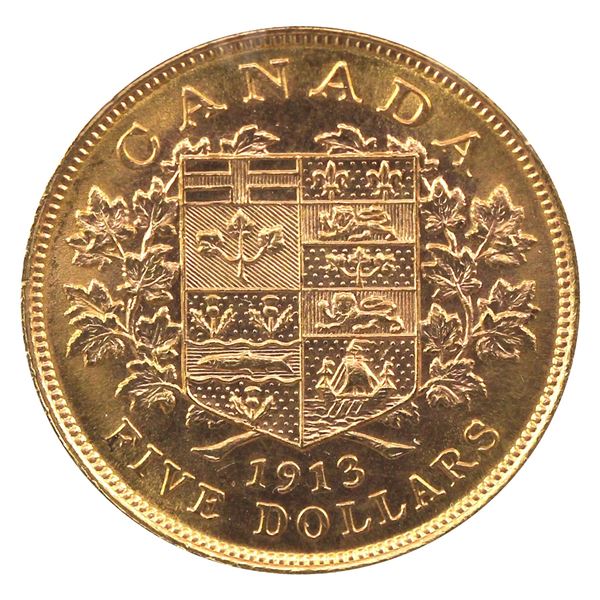 1913 Canada $5 Gold in UNC+ Condition. A radiant Mint state coin. The coin is .900 pure and contains