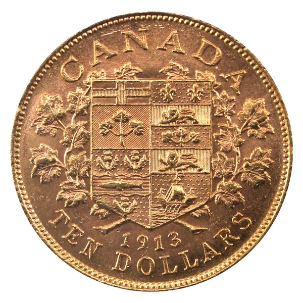 1913 Canada $10 Gold in AU-UNC Condition. The coin is .900 pure and contains 0.484 oz.