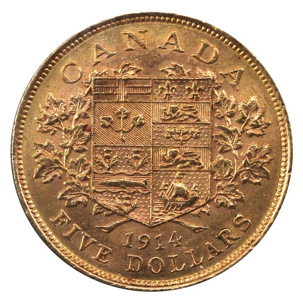 1914 Canada $5 Gold in AU (small scratch)  this coin is .900 pure and contains 0.242 oz.