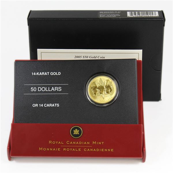 2005 $50 60th Anniversary of the End of WWII 14 Karat Gold Coin. Contains 0.225oz fine gold. Mintage