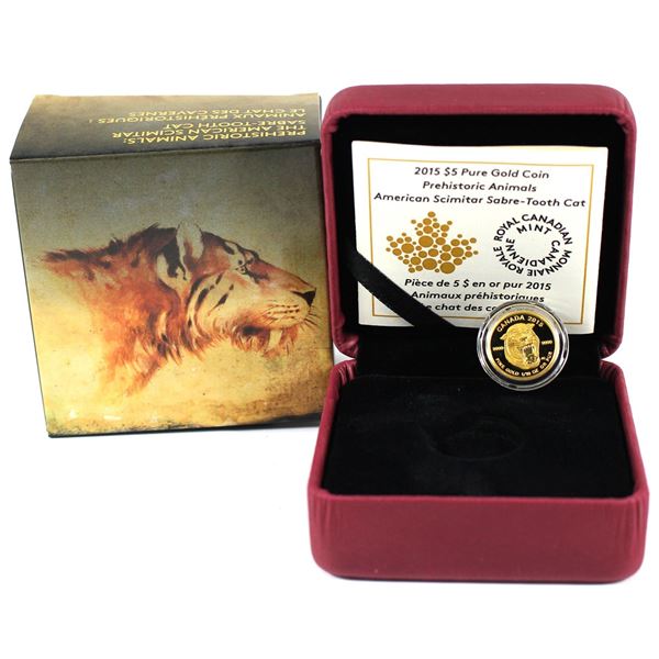 2015 Canada $5 Prehistoric Animals - The American Scimitar Sabre-Tooth Cat 1/10oz Fine Gold Coin. Mi