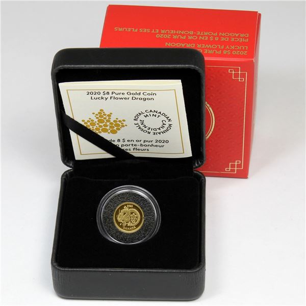 2020 $8 Lucky Flower Dragon 1/25oz Fine Gold Coin. Mintage of 5888! (TAX Exempt)