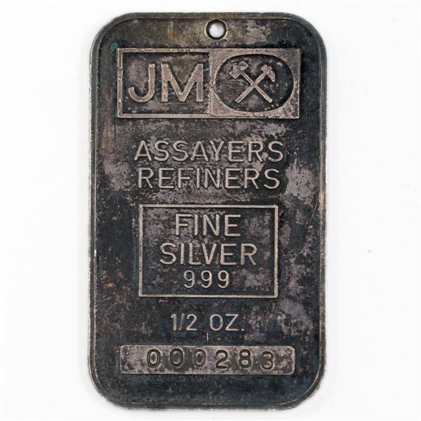 Scarce! Johnson Matthey 1/2oz Fine Silver Bar,  Blank reverse without border (holed). * Low Serial N