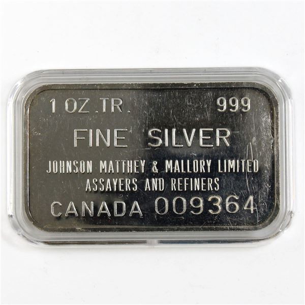 Vintage Johnson Matthey & Mallory 1oz Fine Silver Bar with Blank Reverse (Tax Exempt). Serial # 0093