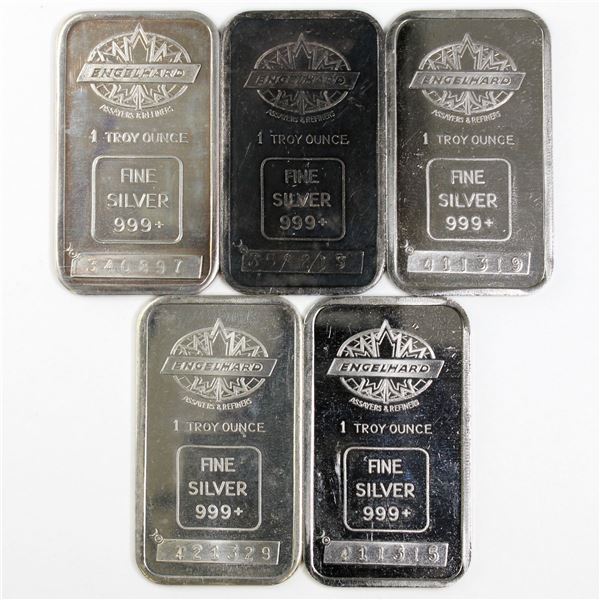 5x Vintage Engelhard 1oz Fine Silver Bars, Maple Leaf Type C, 'Blank' Reverse with Border (Tax Exemp