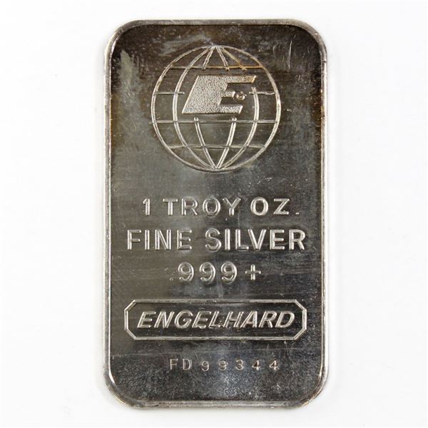 Vintage Engelhard 1oz fine silver bar 'Wide E at top of Globe'. Serial # FD99344. (Tax Exempt)