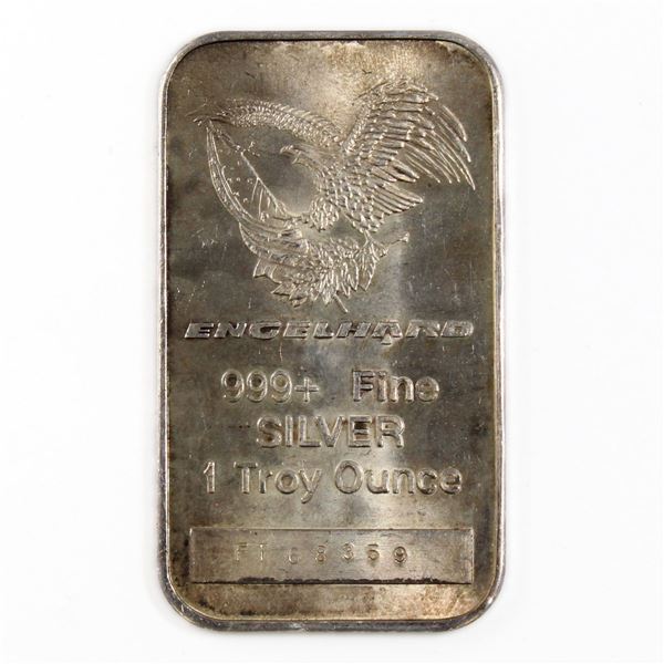 Vintage Engelhard 1oz fine silver bar with 'Eagle Logo'. Serial # FT68359. (Tax Exempt)