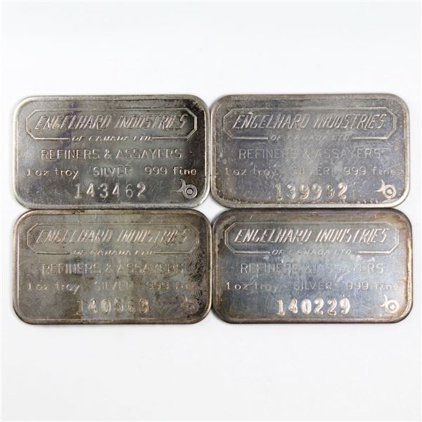 4x Vintage Engelhard Industries of Canada 1oz Fine Silver 'bull Mark' bars with blank reverse. Seria