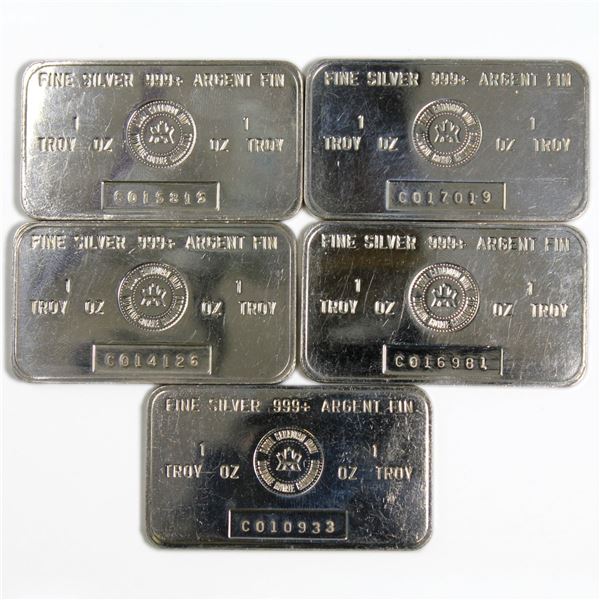 5x Vintage Royal Canadian Mint 1oz Fine Silver Bar 'C' Series (TAX Exempt). Serial # C010933, C01581