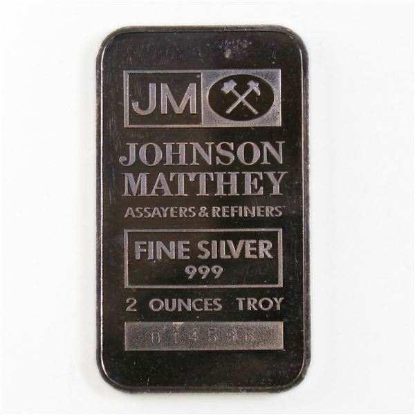 Scarce Johnson Matthey 2oz Fine Silver Bar with JM Logo Reverse (Tax Exempt). Serial # 014596