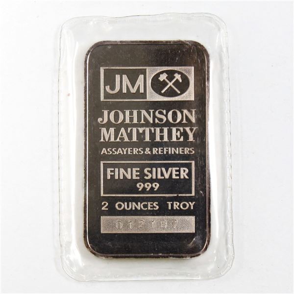 Scarce Johnson Matthey 2oz Fine Silver Bar with JM Logo Reverse (Tax Exempt). Serial # 012187