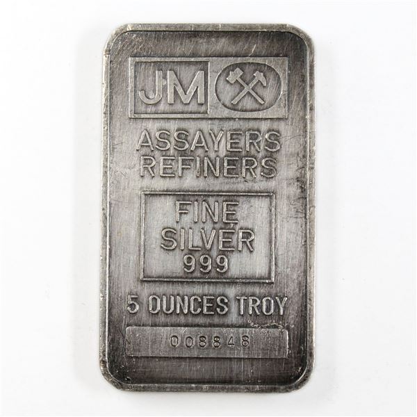 Johnson Matthey 5oz Fine Silver Bar with Blank Reverse (TAX Exempt). Serial # 008848.