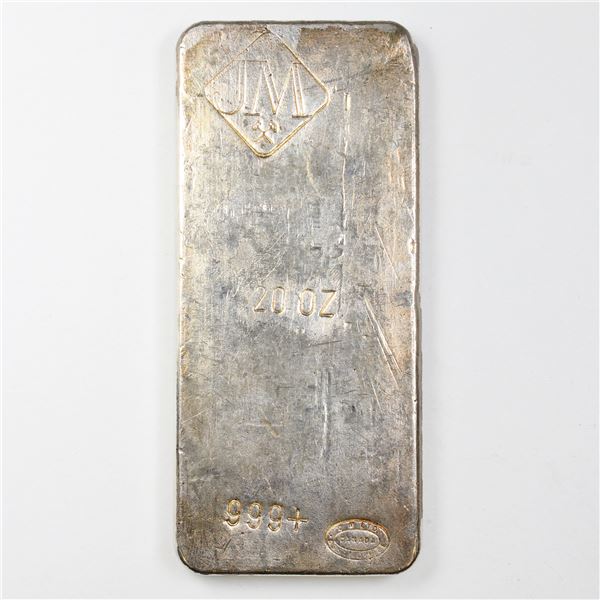 Johnson Matthey 20oz Fine Silver Bar with Large Logo 'No serial #'  wide spaced 9's(TAX Exempt).