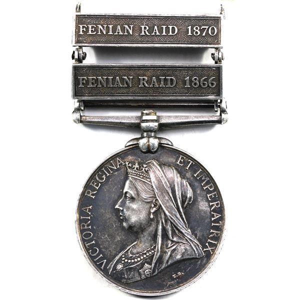 *RARE* 2 Clasp Canada General Service Medal; FENIAN RAID 1866; FENIAN RAID 1870. Issued to: Pte. T. 