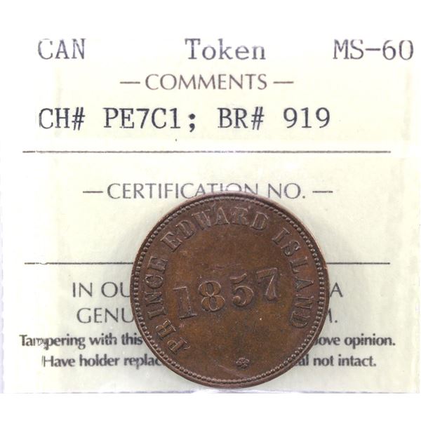 1857 PEI Self Government and Free Trade Token CH# PE7C1 Breton #919 ICCS Certified MS-60.