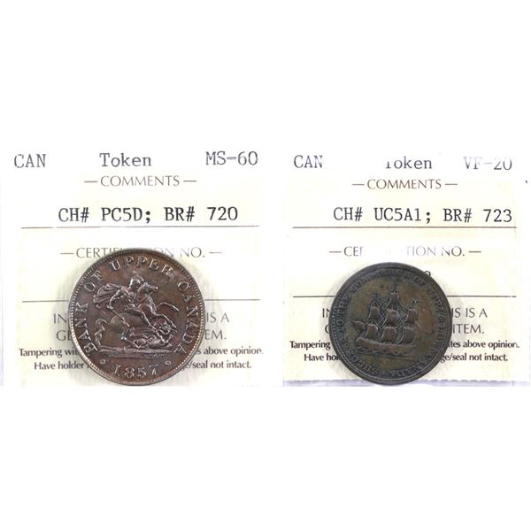 1857 Upper Canada Half Penny Token CH# PC5D Breton #720 ICCS Certified MS-60 & 1812 Upper Canada Sir