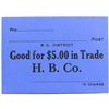 Image 1 : Hudson Bay Company Generic Note for $5.00 in Trade. No Date. Blue Cardboard with Black Printing. 64m