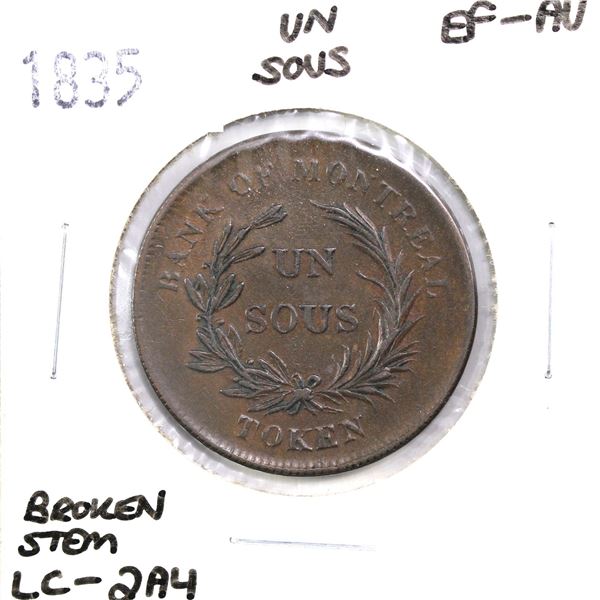 LC-2A4 1835 Un Sous, Broken Stem, Lower Canada Trade and Agriculture Token in EF-AU 'Lustrous Brown'