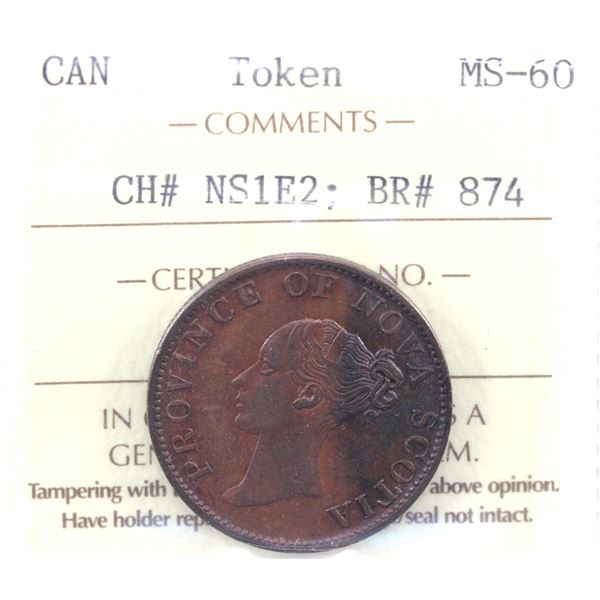 NS-1E2; BR# 874 1840 Nova Scotia Half Penny Token, Medium "O". ICCS Certified MS-60!