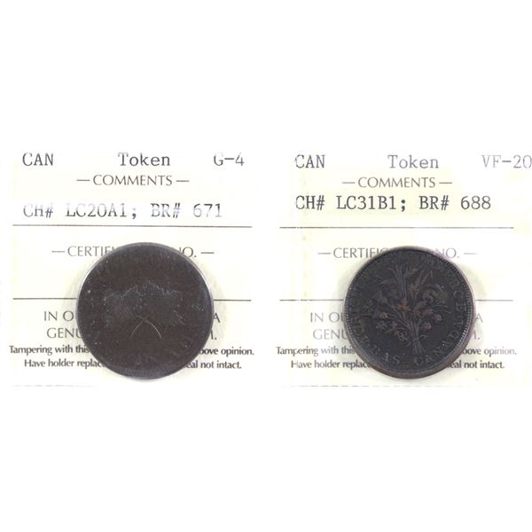 Pair of Lower Canada Tokens - CH# LC20A1 Breton #671 ICCS Certified G-4 & CH# LC31B1 Breton #688 ICC