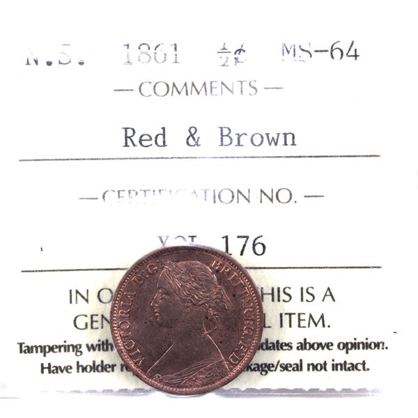 Nova Scotia 1/2-cent 1861 ICCS Certified MS-64 Red & Brown. Crisp details over primarily red fields.